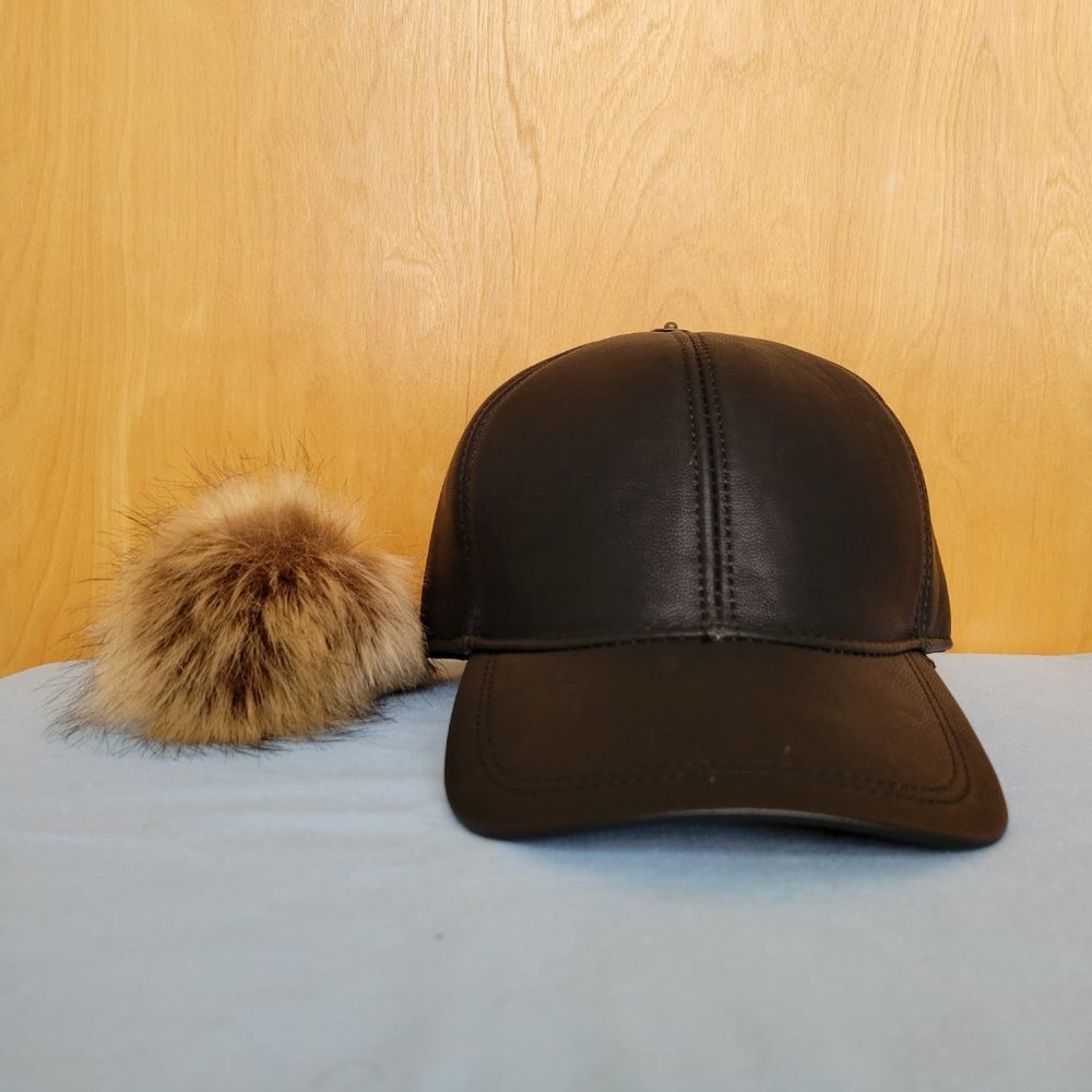 NEW Black Leather Baseball Hat Adjustable Back Strap with Removeable Fur Pom Pom - Picture 7 of 7